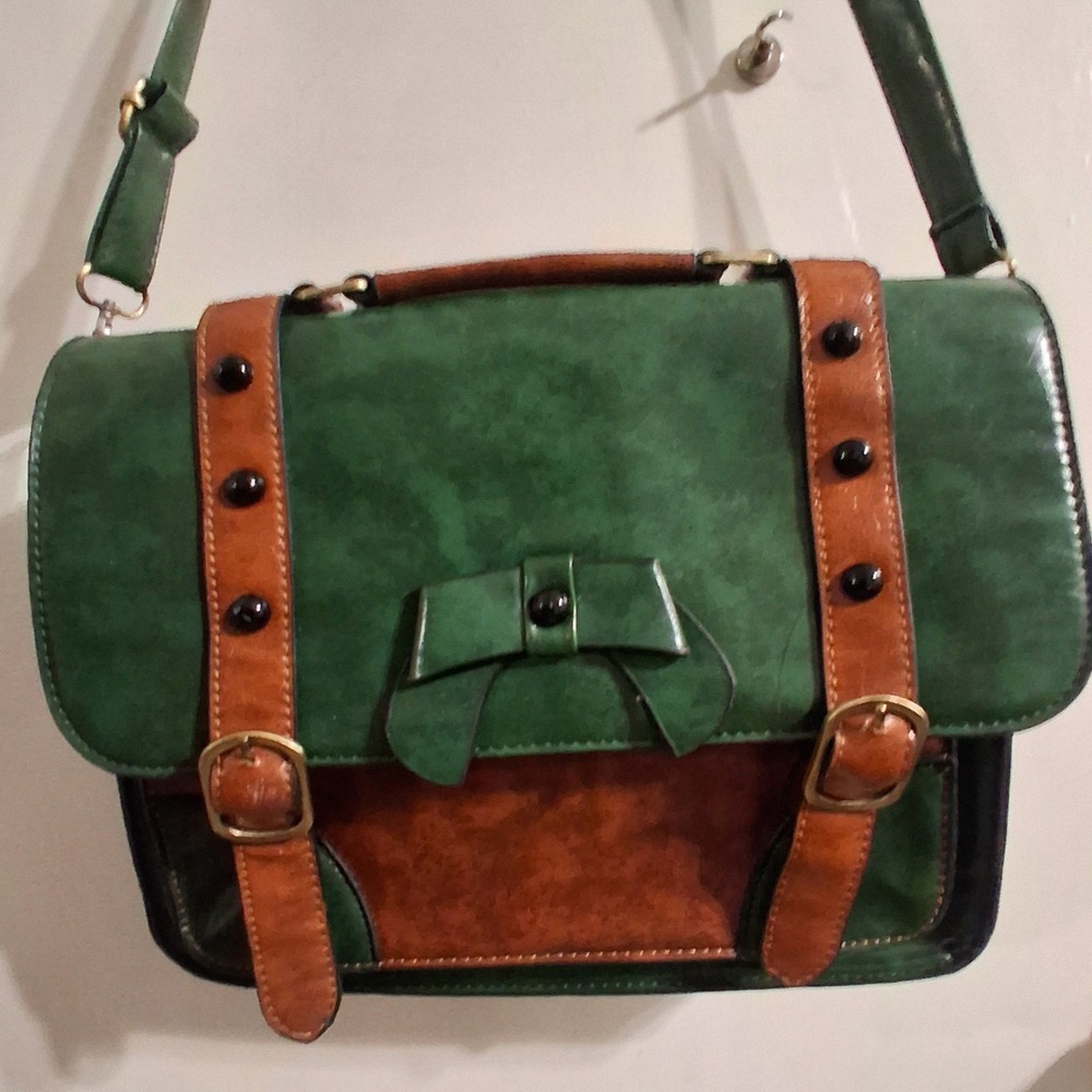Dark Academia Forest Green Brown Bow Detail Messenger Bag EUC ECOSUSI